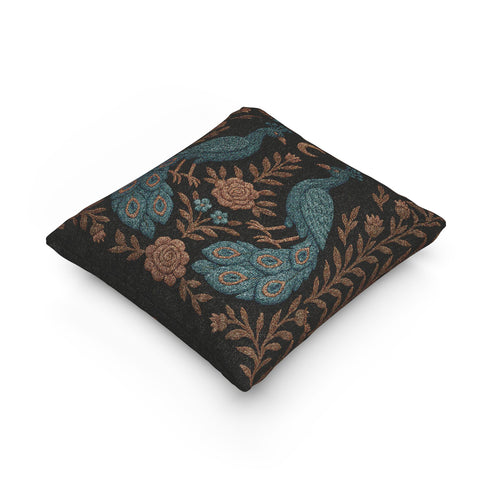 Square woven tapestry pillow featuring two symmetrical embroidered peacocks with a crescent moon and floral detailing on a dark background. The pillow measures 17x18 inches and is crafted from a cotton-polyester blend with plush poly fill. Both sides display the same ornate design. Decorative and gothic in style, suitable for cottagecore, whimsigoth, and folklore-inspired home decor settings.